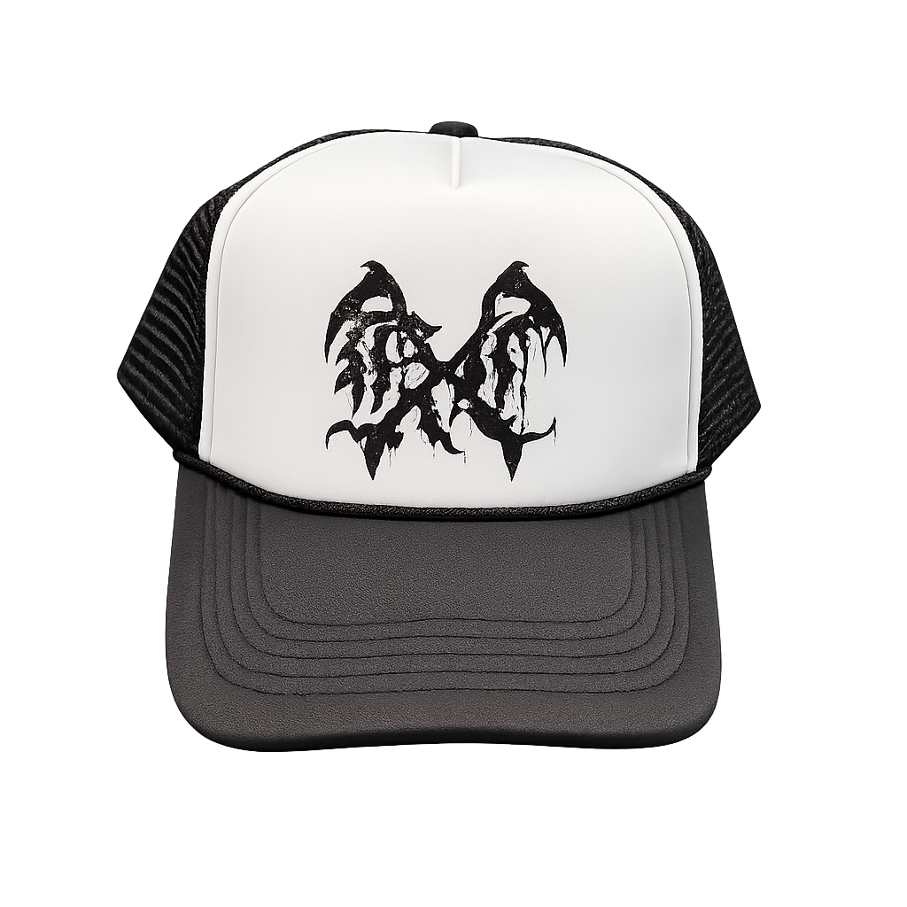 Mesh trucker hat with white front panel with a black logo in the middle 