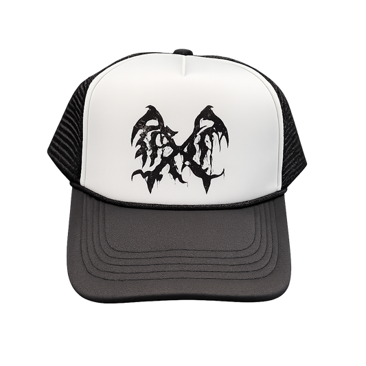 Mesh trucker hat with white front panel with a black logo in the middle 