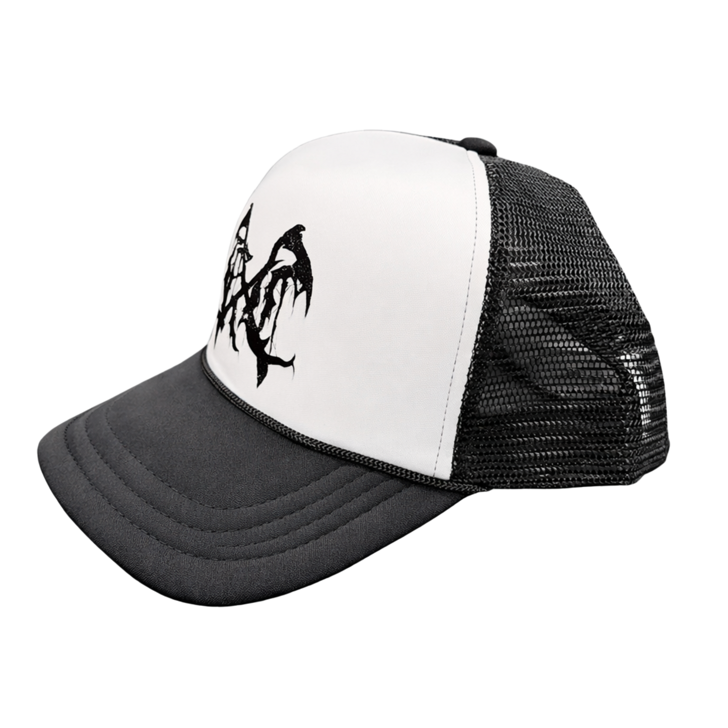 Side view of Mesh trucker hat with white front panel with a black logo in the middle 