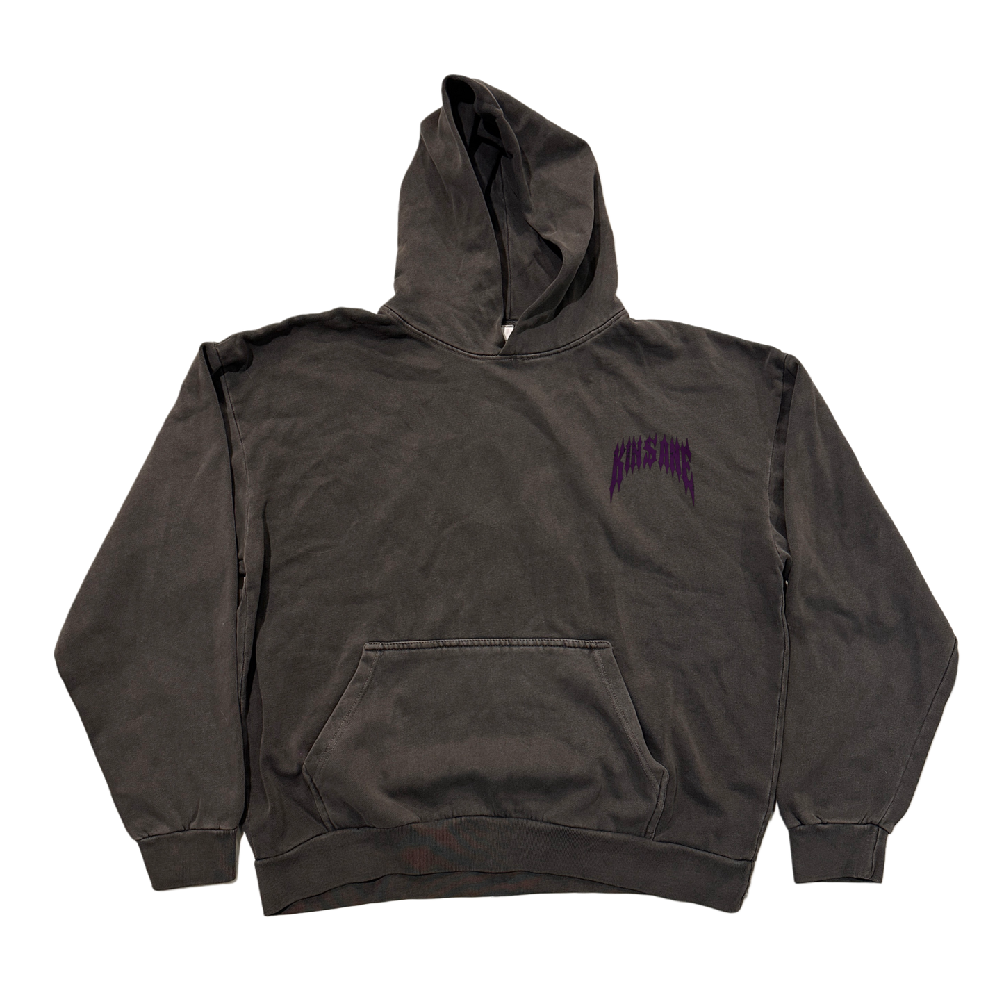 vintage gray hoodie with dark purple text reading “KINSANE” on the front chest 