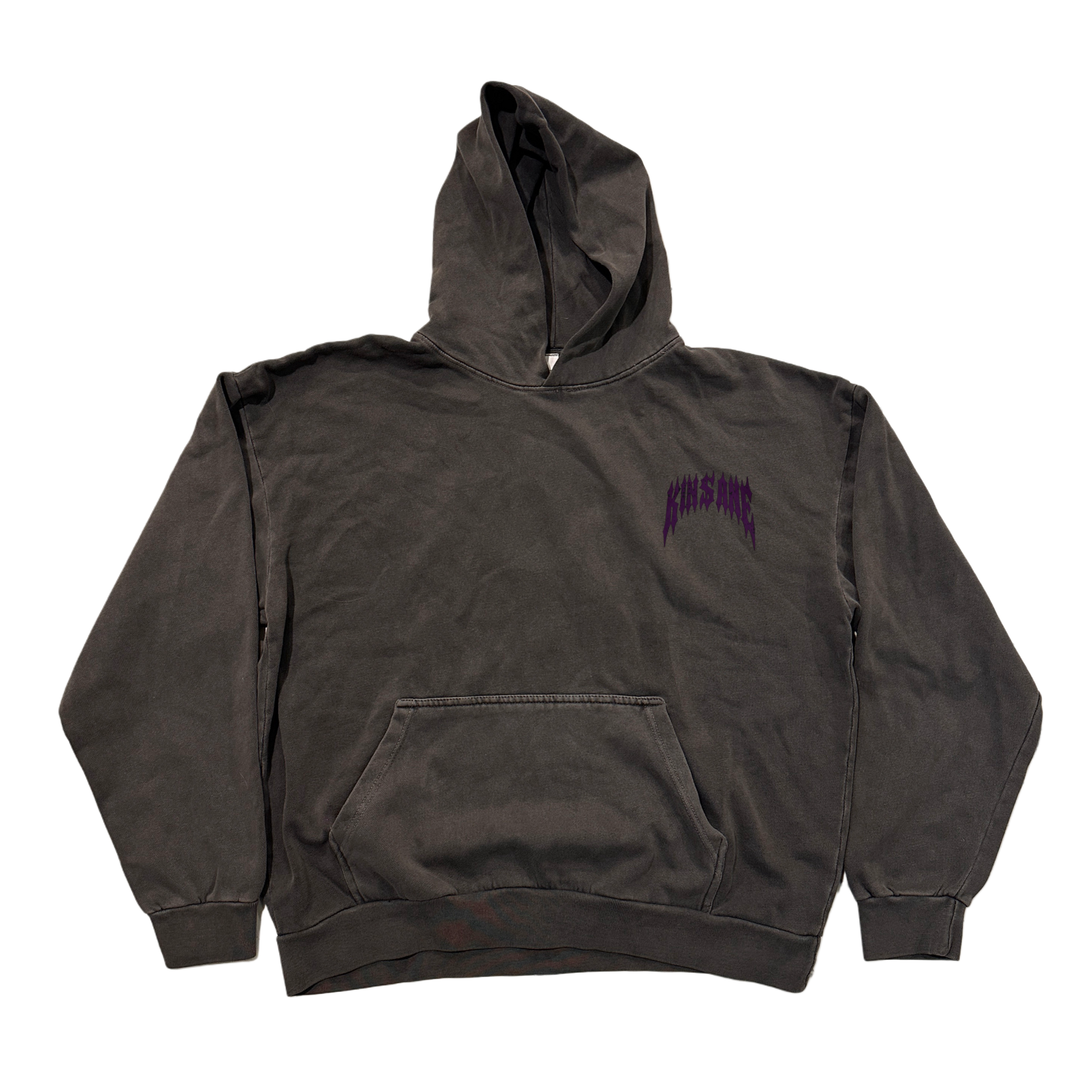 vintage gray hoodie with dark purple text reading “KINSANE” on the front chest 