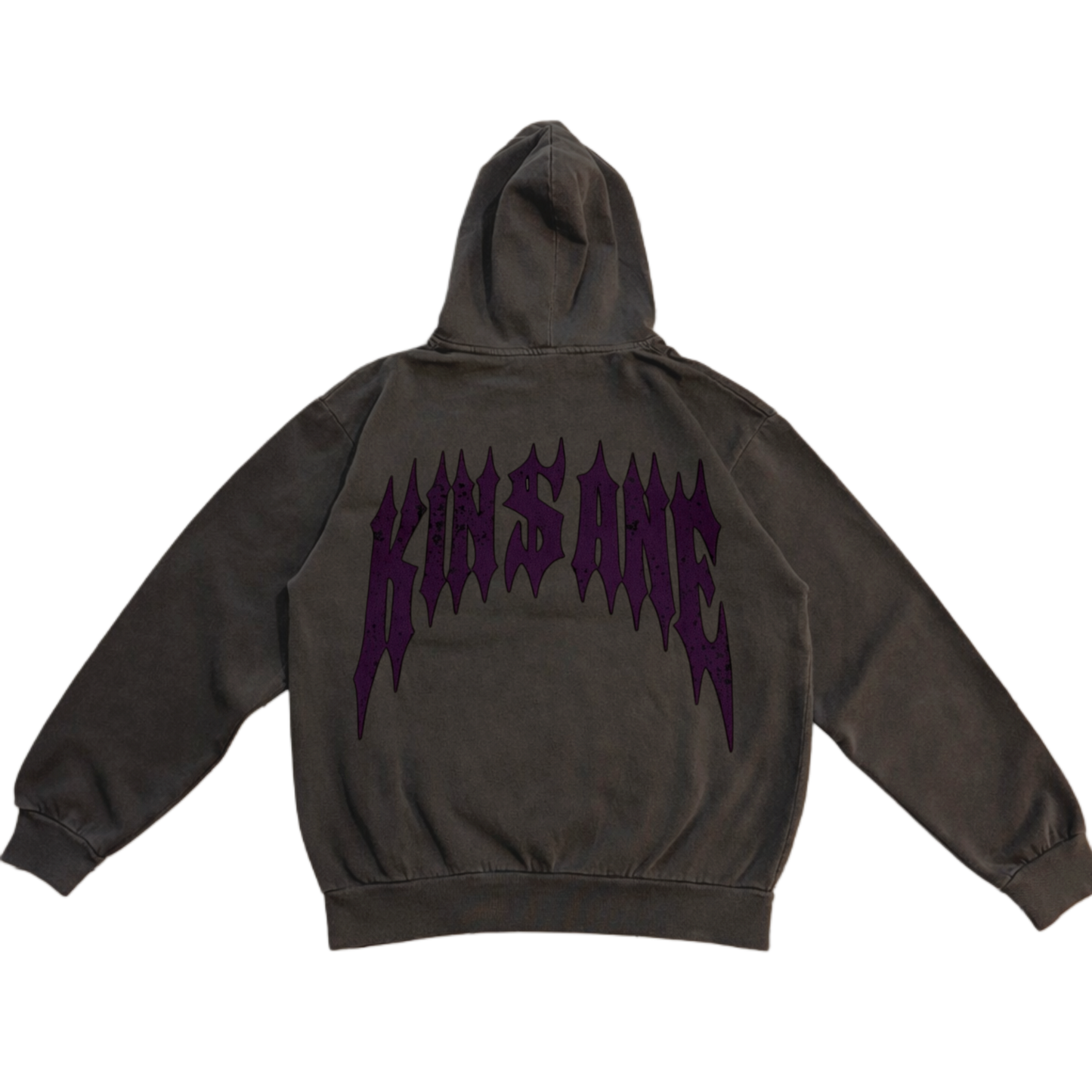 Back view of a vintage gray hoodie with dark purple text reading “KINSANE” 