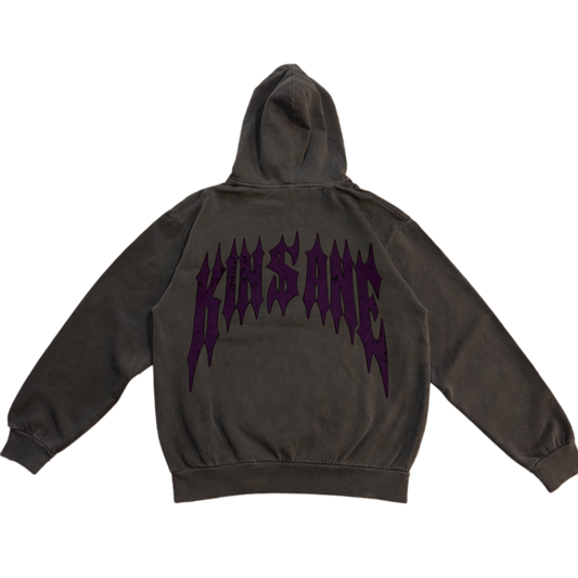 Back view of a vintage gray hoodie with dark purple text reading “KINSANE” 