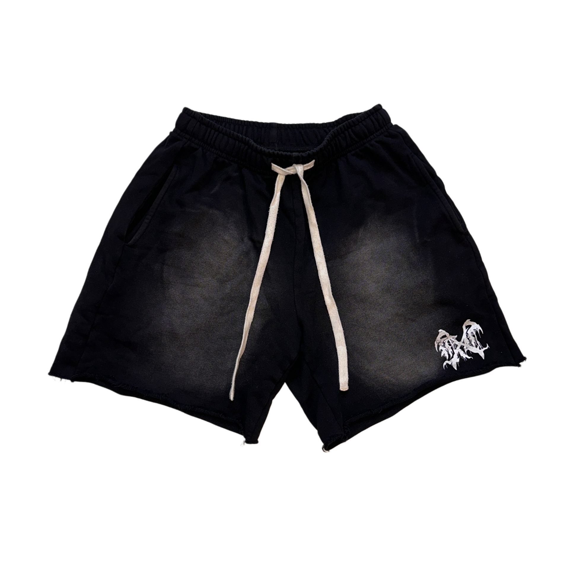 Black acid washed shorts with white drawstrings and white logo on the left leg 