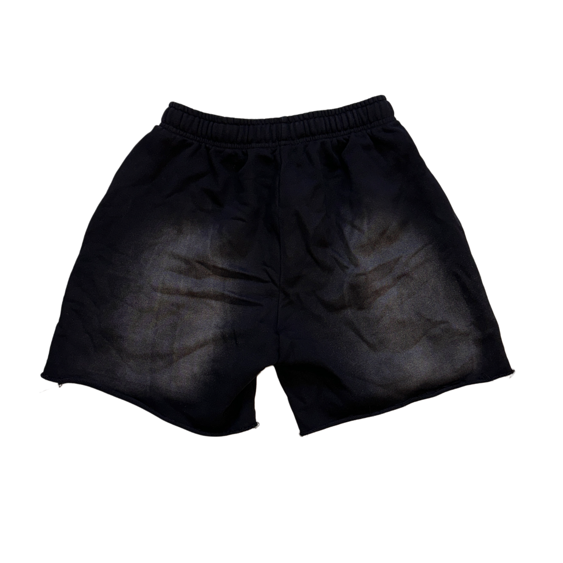 Back view of black acid washed shorts 