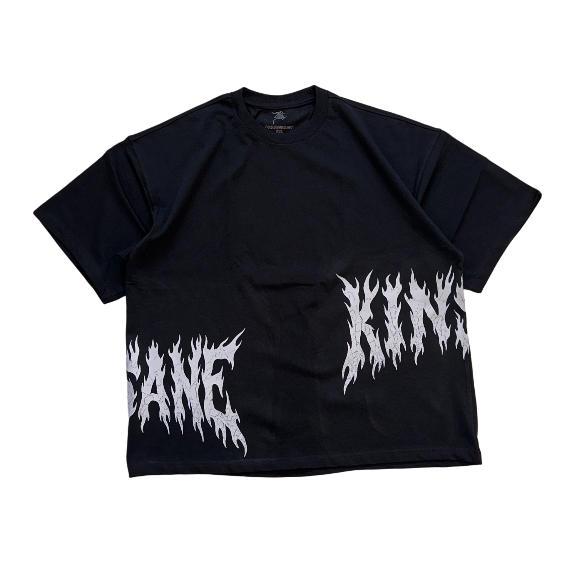 Black T-shirt with white flamed lettering on the sides reading “KIN” and “SANE” 