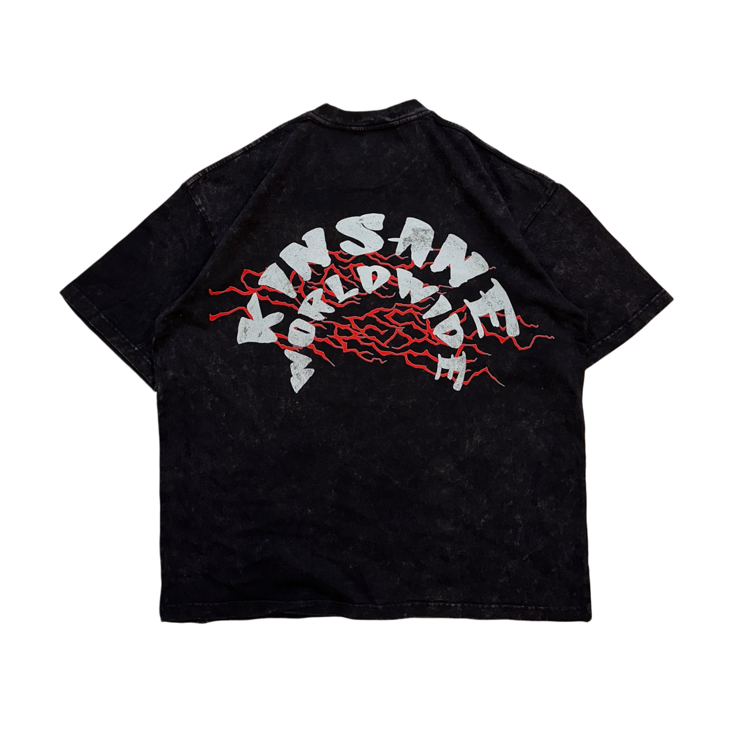 Back view of a black acid washed t shirt with red lightning behind white text reading “KINSANE WORLDWIDE” 