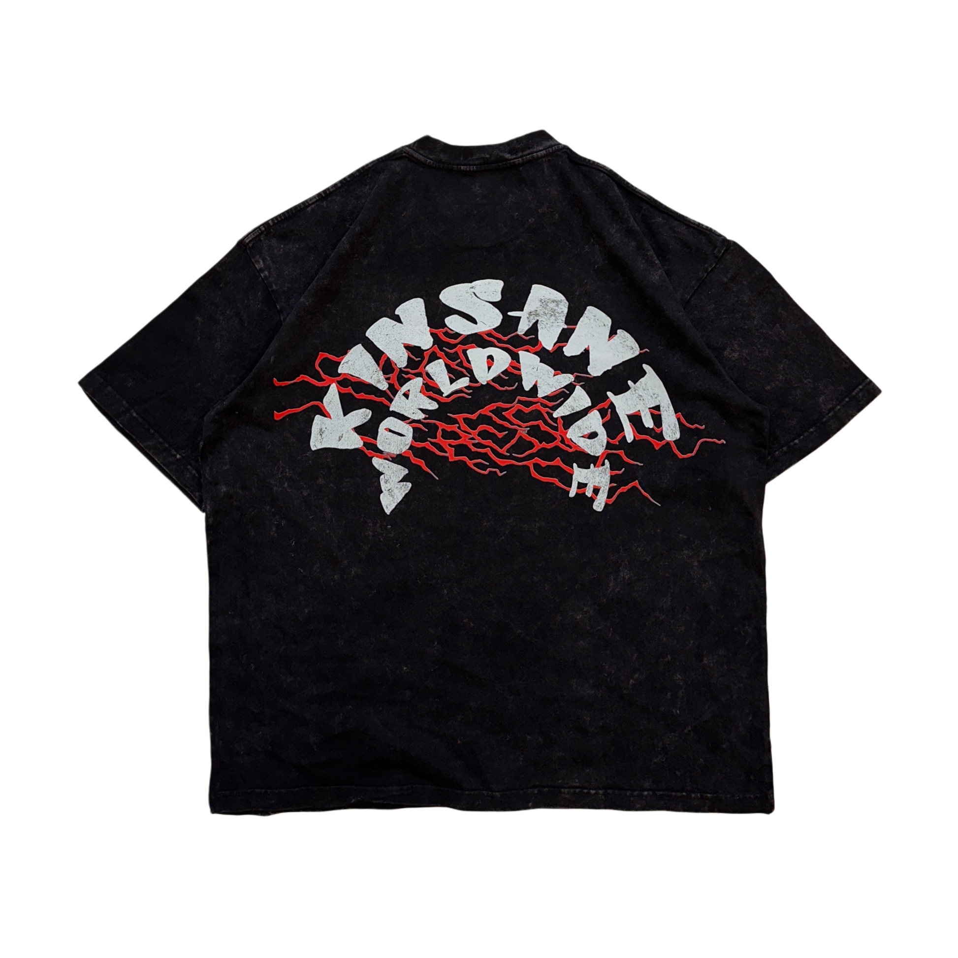 Back view of a black acid washed t shirt with red lightning behind white text reading “KINSANE WORLDWIDE” 