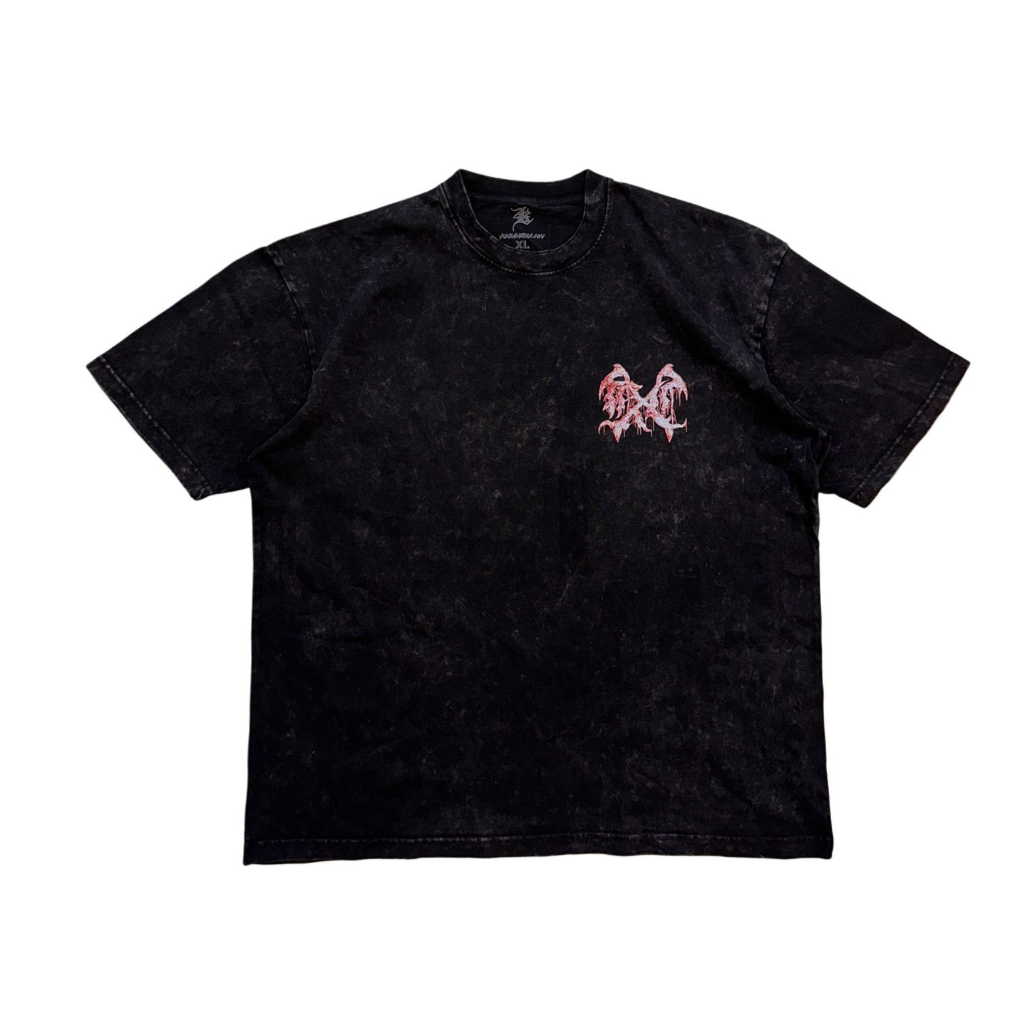 Black acid washed t shirt with white and red logo on the front 