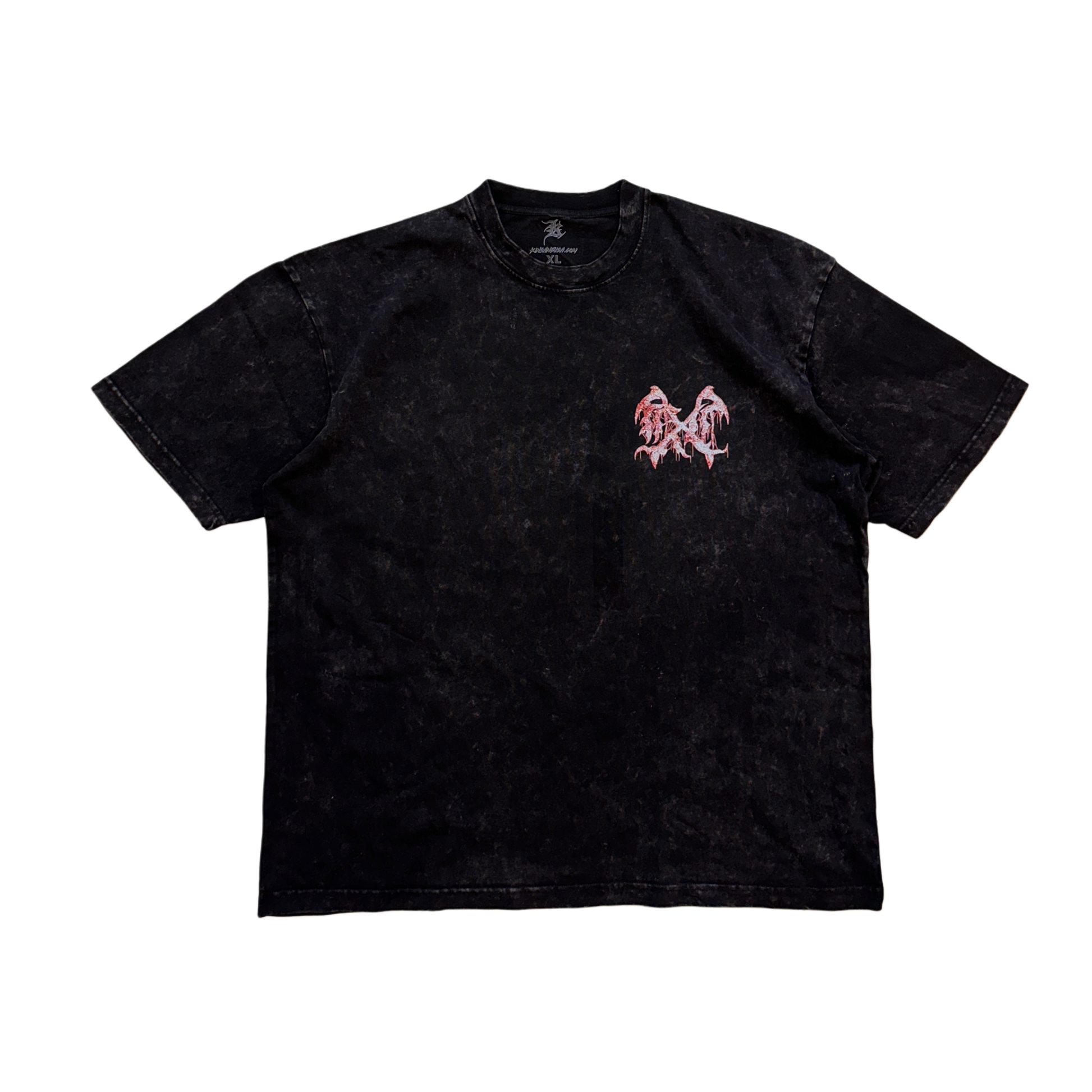 Black acid washed t shirt with white and red logo on the front 