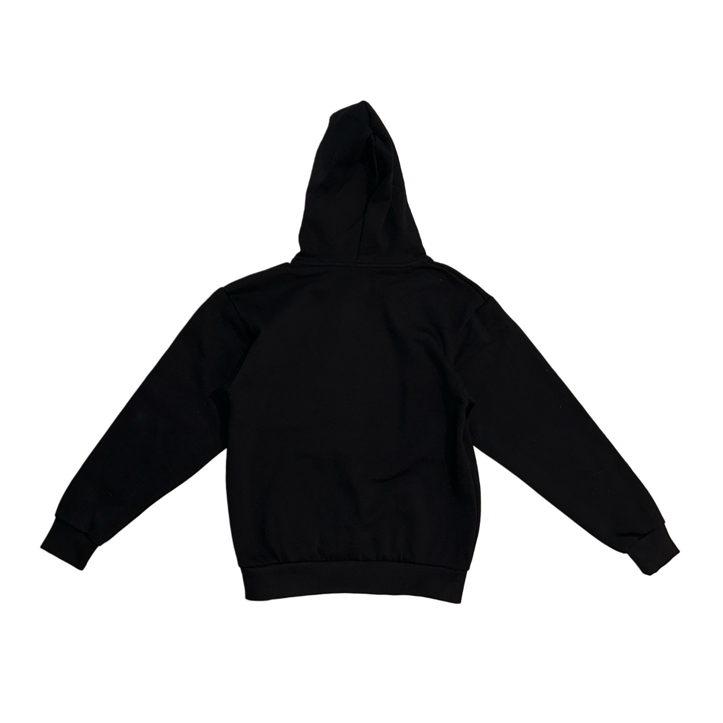 Back view of a plain black hoodie 