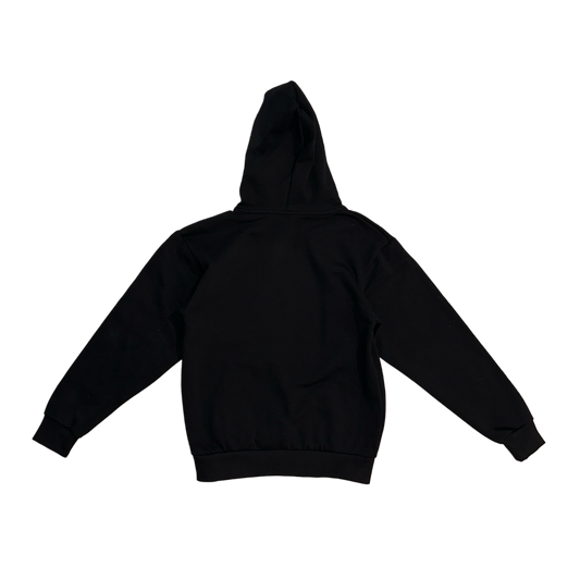 Back view of a plain black hoodie 