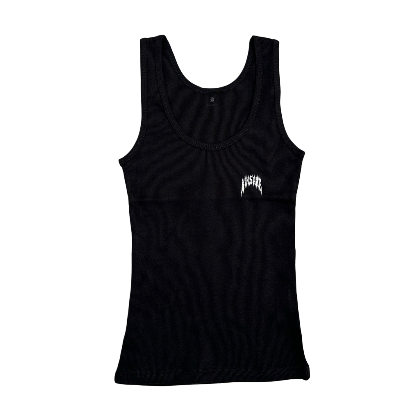 Black ribbed tank top with white text reading “KINSANE” 