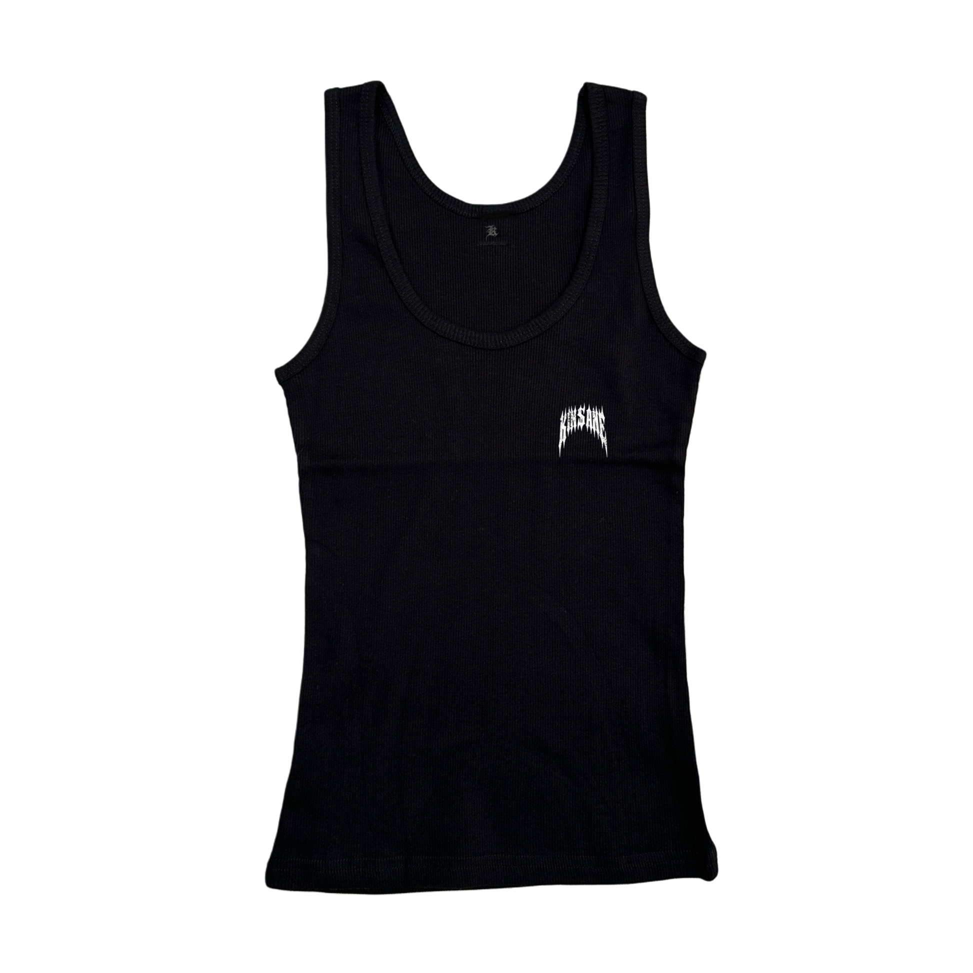 Black ribbed tank top with white text reading “KINSANE” 