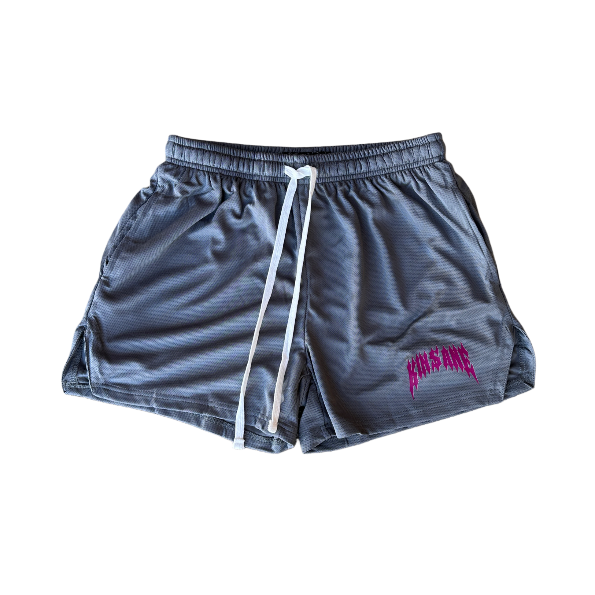 Grey athletic shorts with white drawstrings and red text reading “KINSANE” on the left leg 