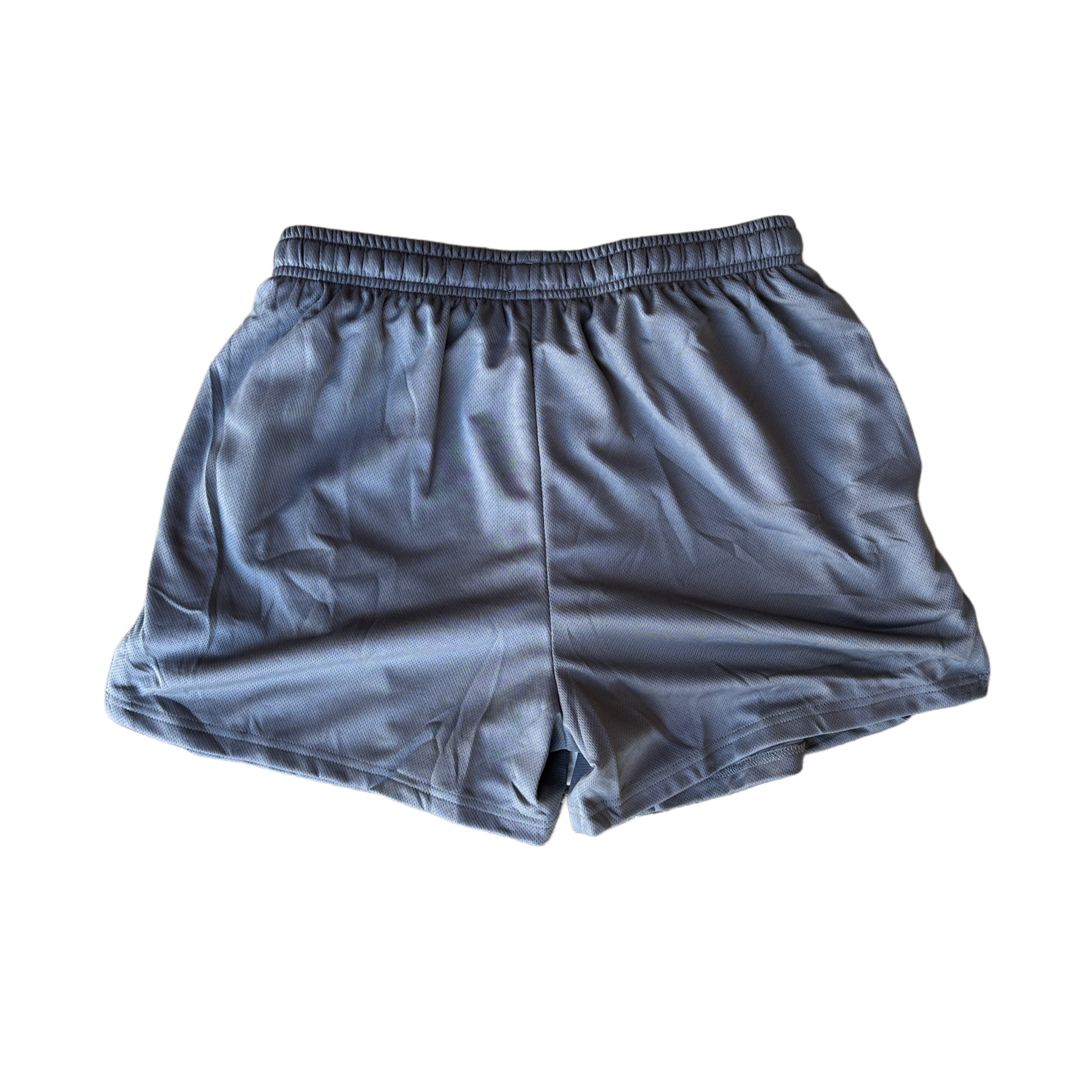 Back view of plain grey athletic shorts 