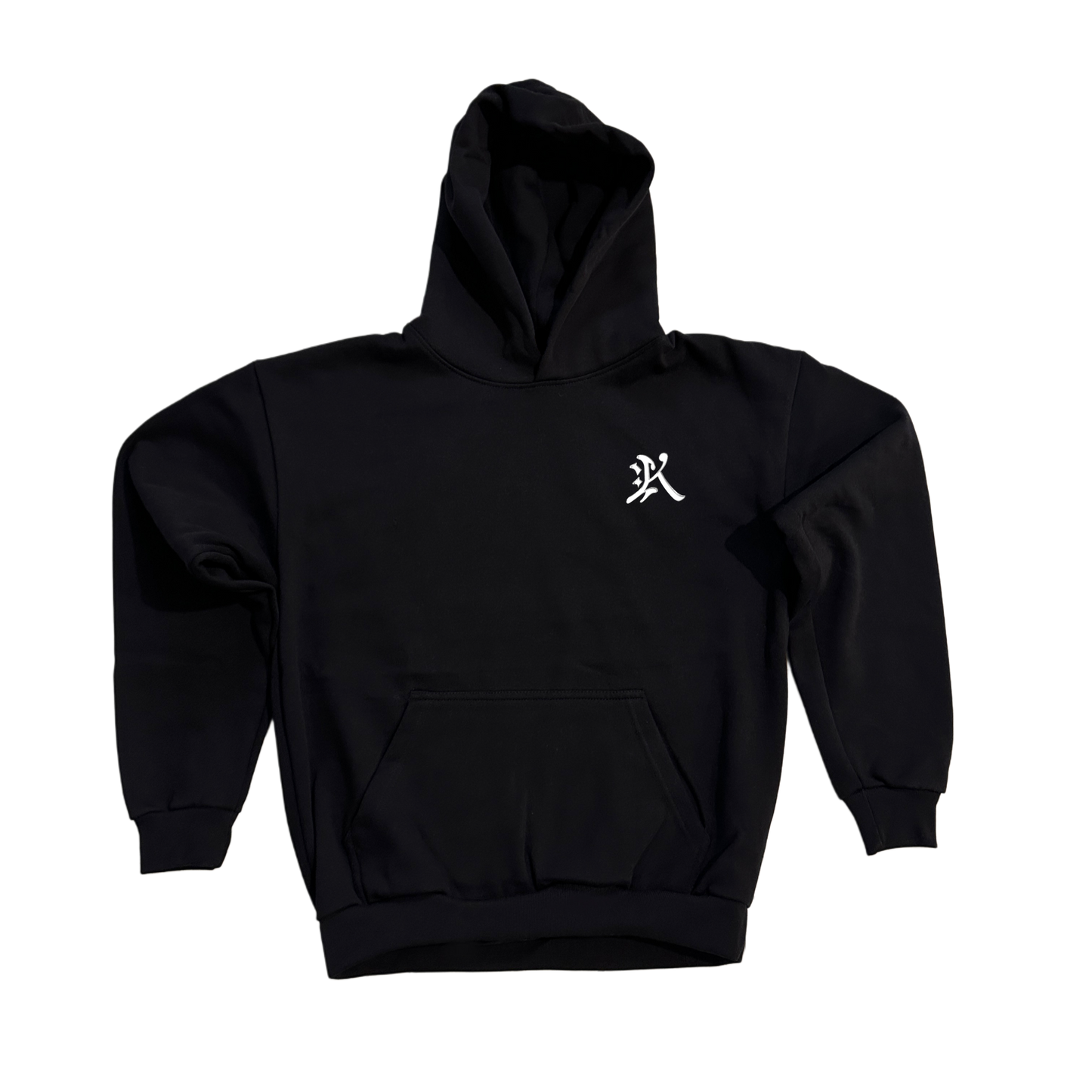 Black hoodie with white logo in the letter of “K” on the front 