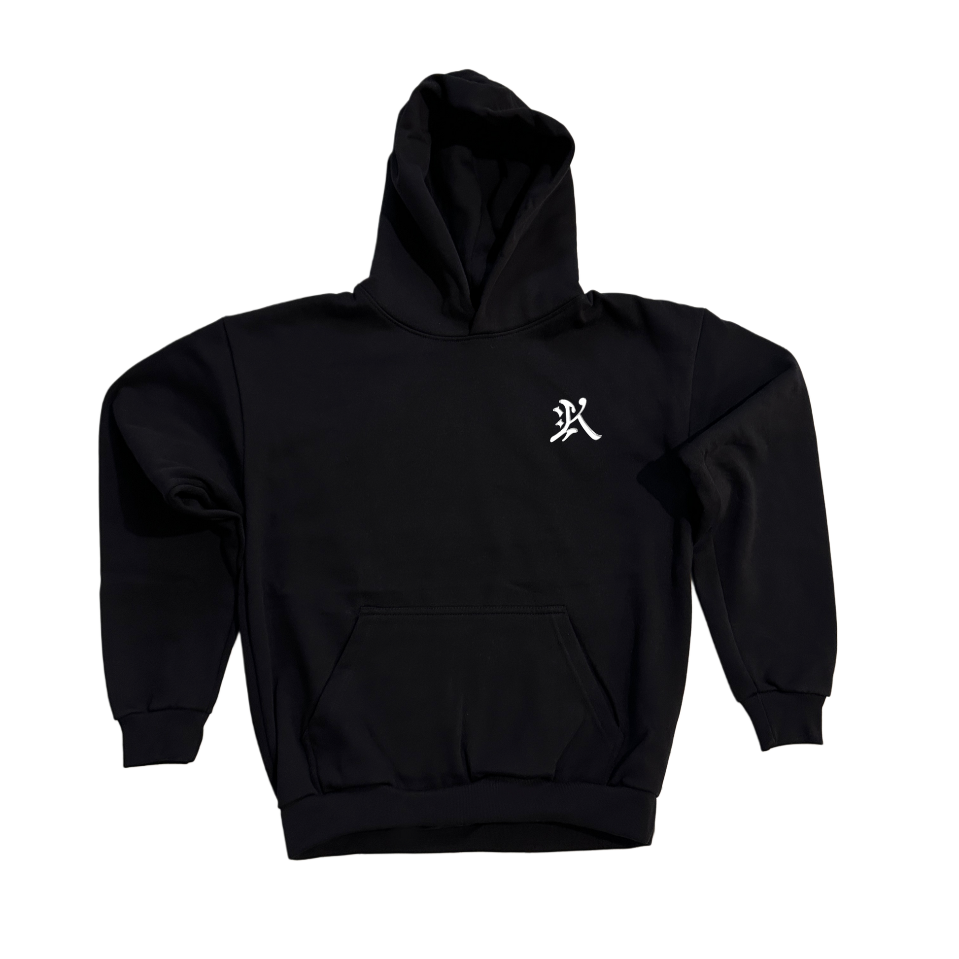 Black hoodie with white logo in the letter of “K” on the front 