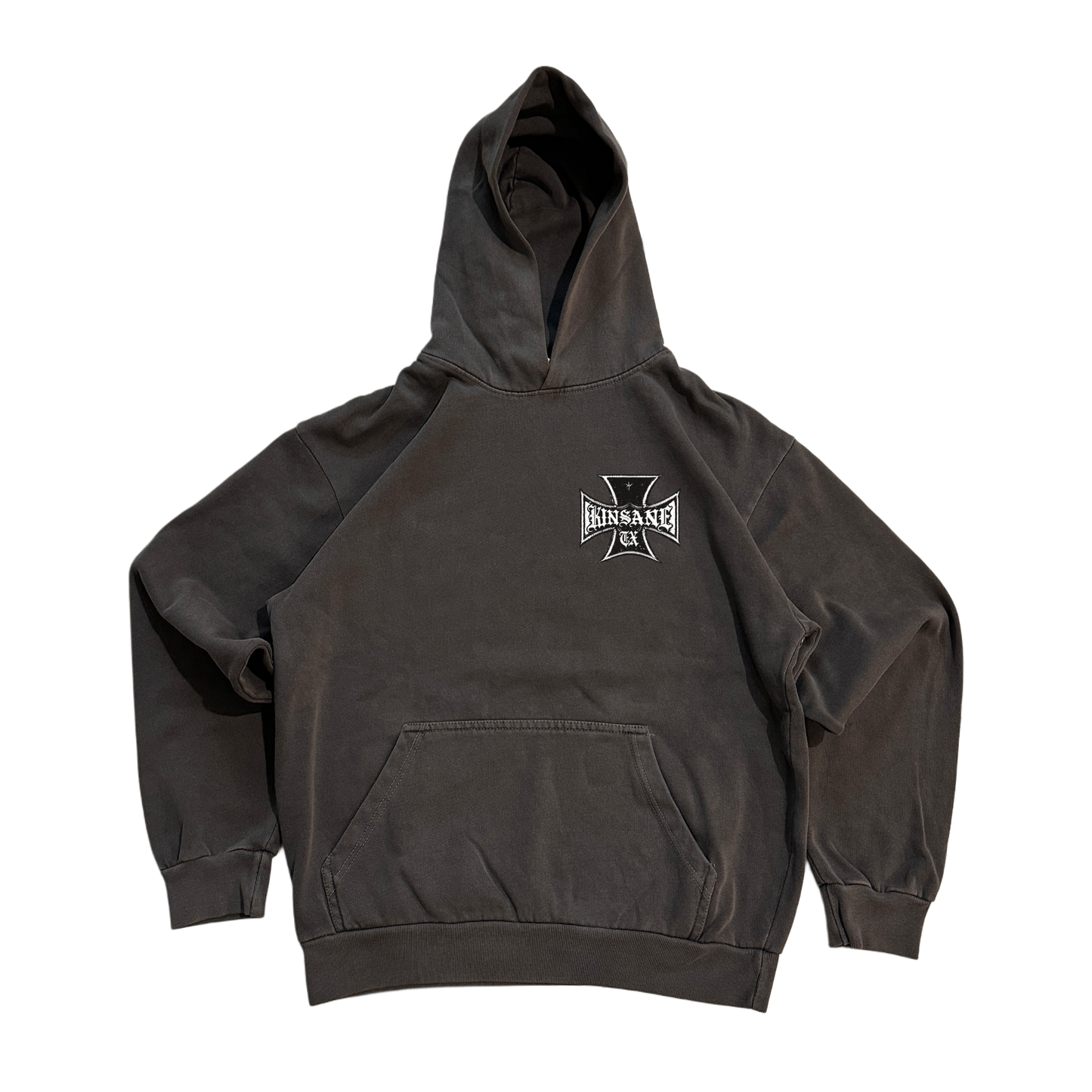Dark grey hoodie with white logo on the front reading “KINSANE TX” 