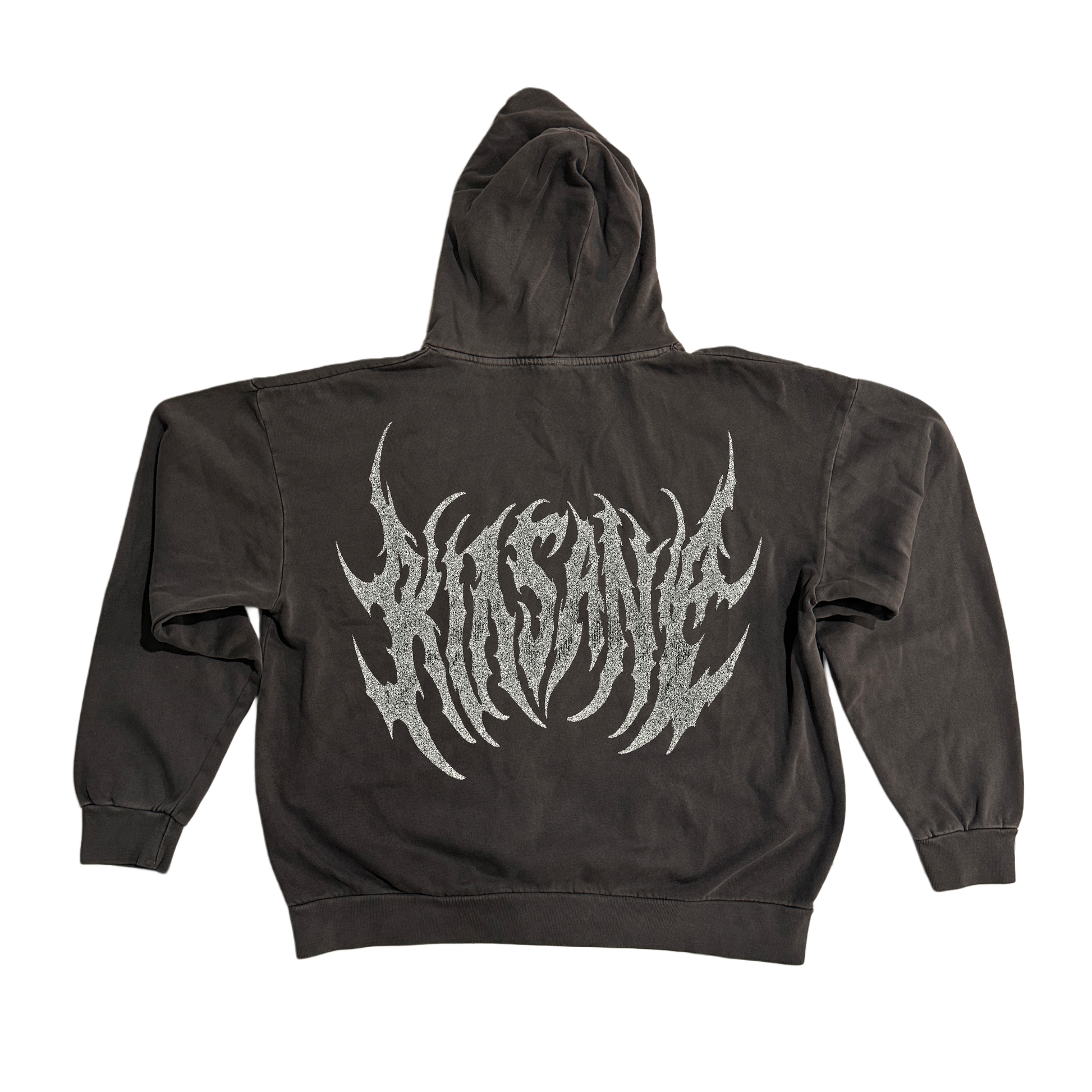 Back view of a dark grey hoodie with grey lettering reading “KINSANE” 