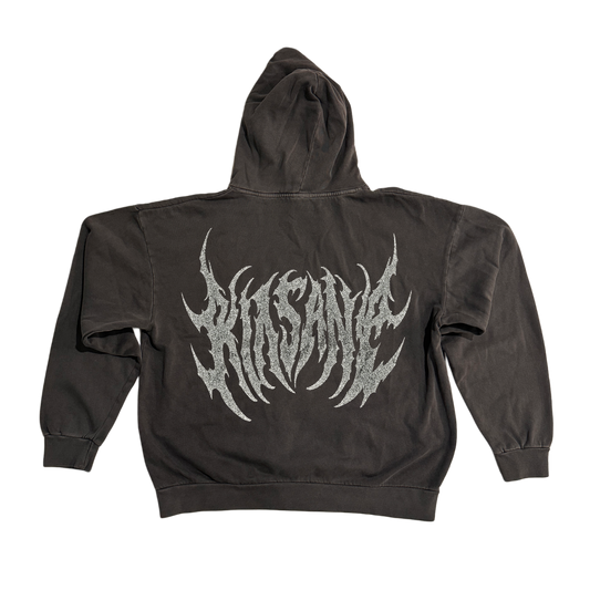 Back view of a dark grey hoodie with grey lettering reading “KINSANE” 