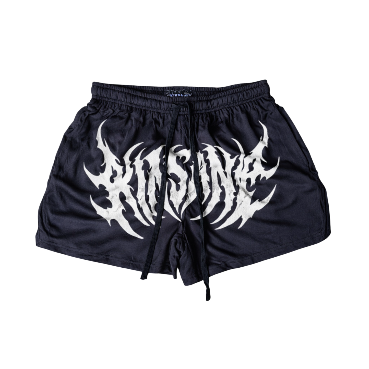 Black athletic shorts with black drawstrings with white text reading “KINSANE” 