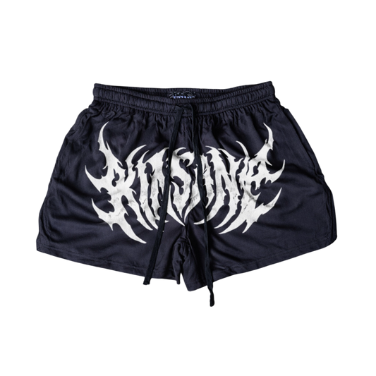 Black athletic shorts with black drawstrings with white text reading “KINSANE” 