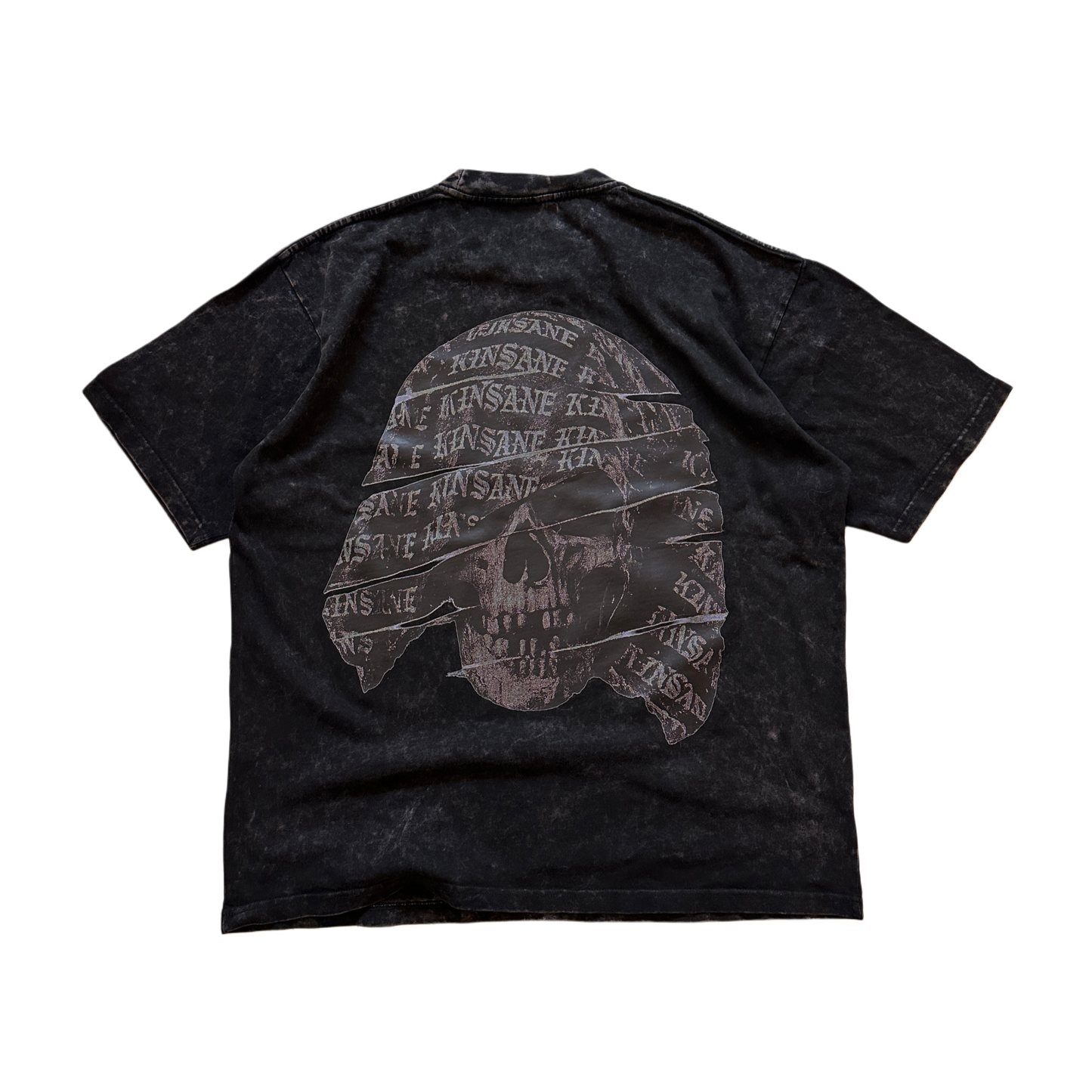 Back view of a black acid washed T-shirt with a black and grey skull design with white lettering reading “KINSANE” 