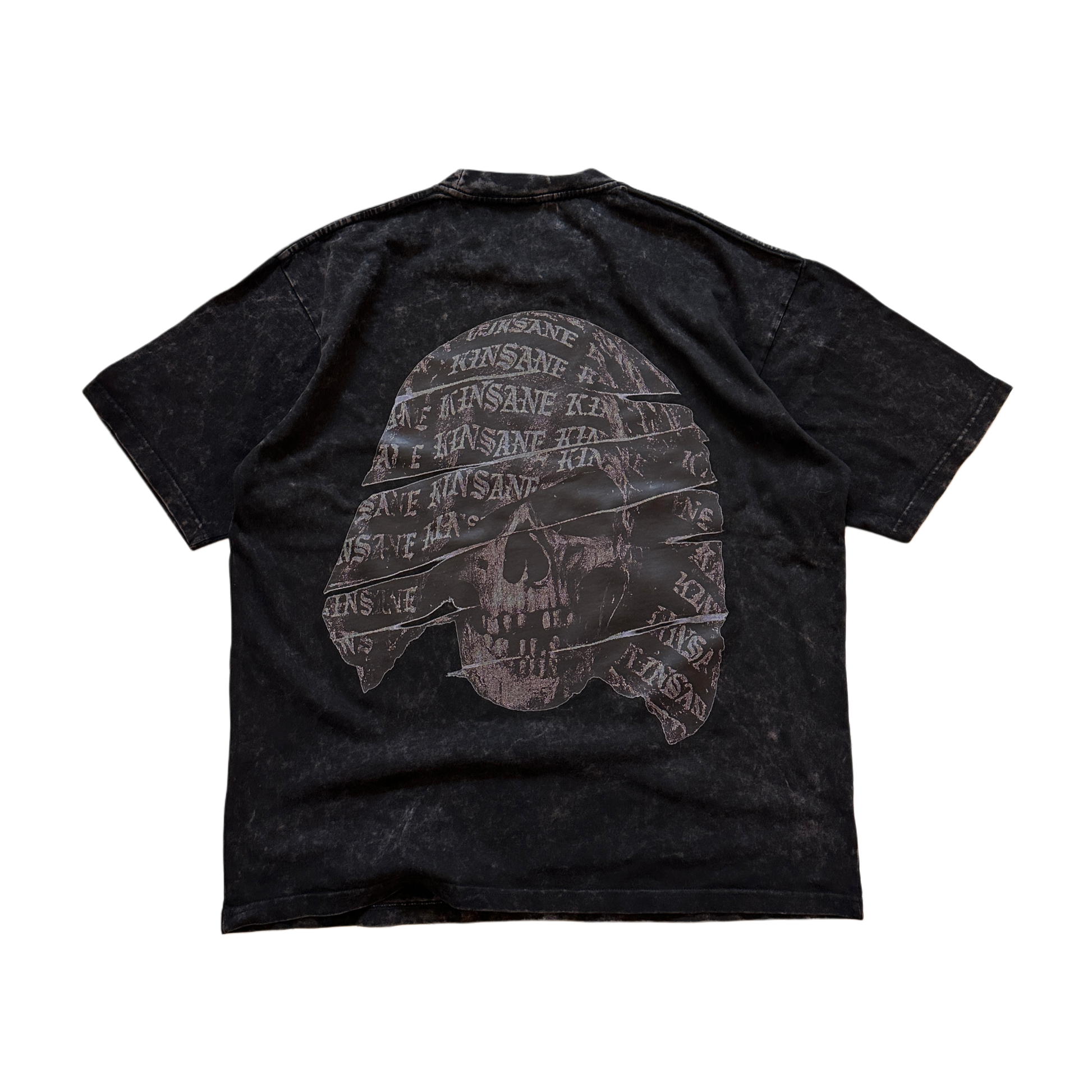Back view of a black acid washed T-shirt with a black and grey skull design with white lettering reading “KINSANE” 