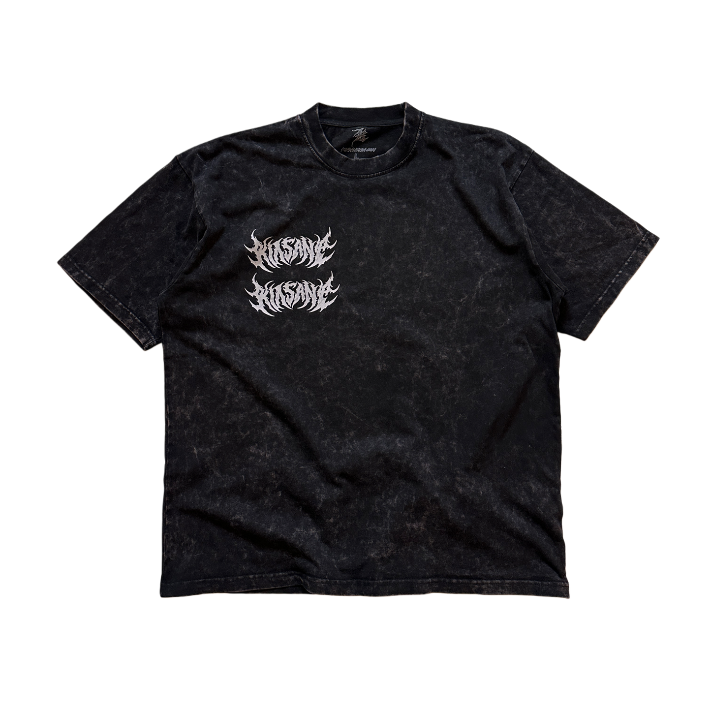 Black acid washed t-shirt with silver lettering reading “KINSANE” 