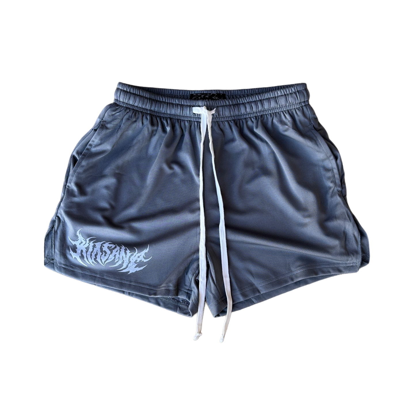 Grey athletic shorts with white drawstring and silver text on the right leg reading “KINSANE” 