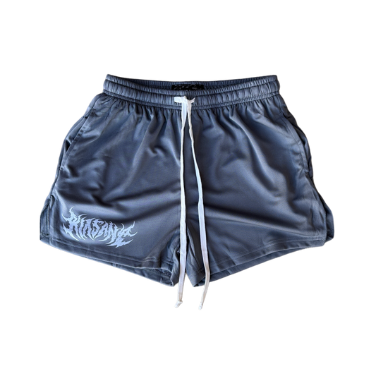Grey athletic shorts with white drawstring and silver text on the right leg reading “KINSANE” 