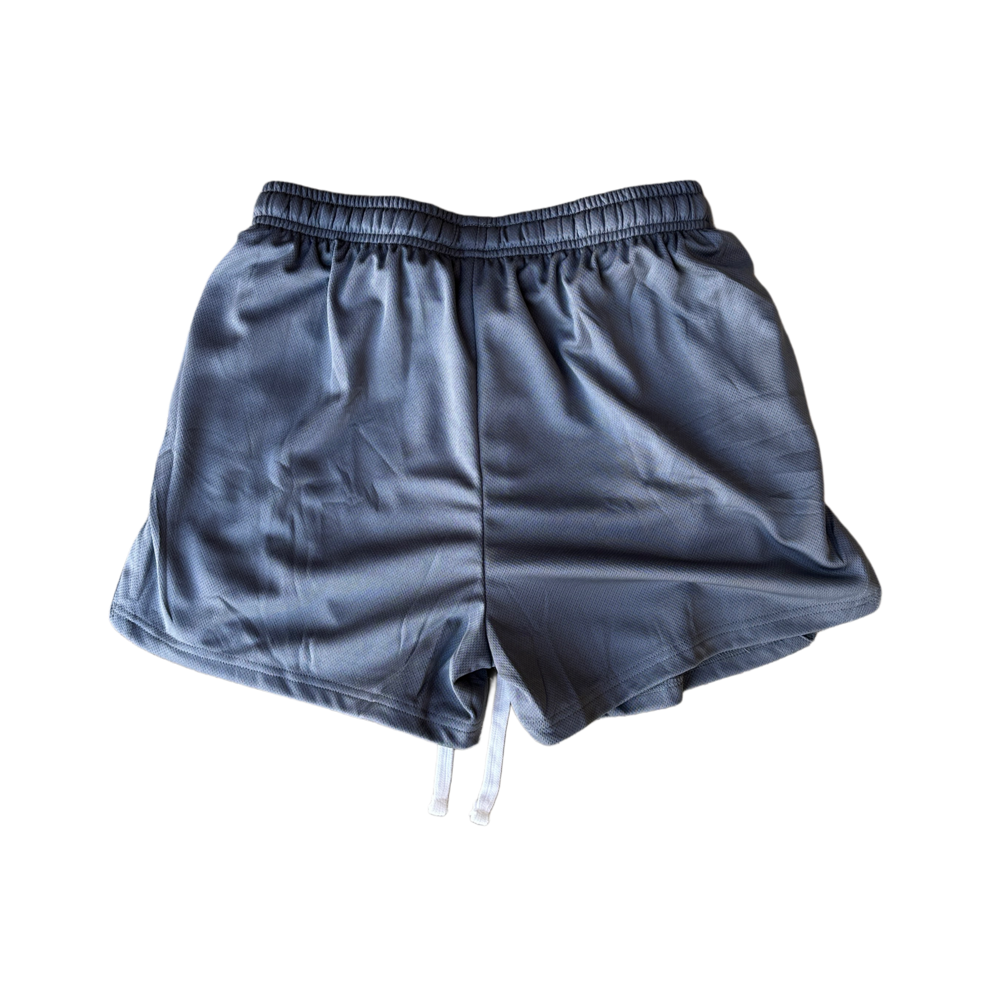 Back view of plain grey athletic shorts with white drawstrings 