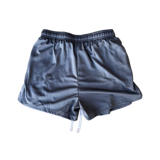Back view of plain grey athletic shorts with white drawstrings 