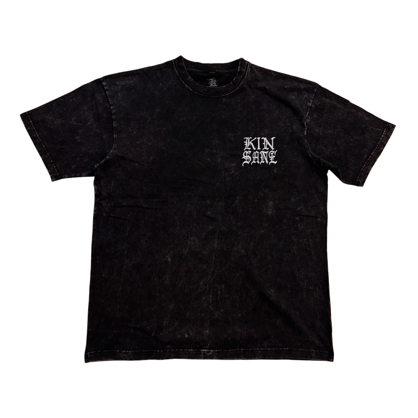 Black acid washed t shirt with white lettering reading “KINSANE” 