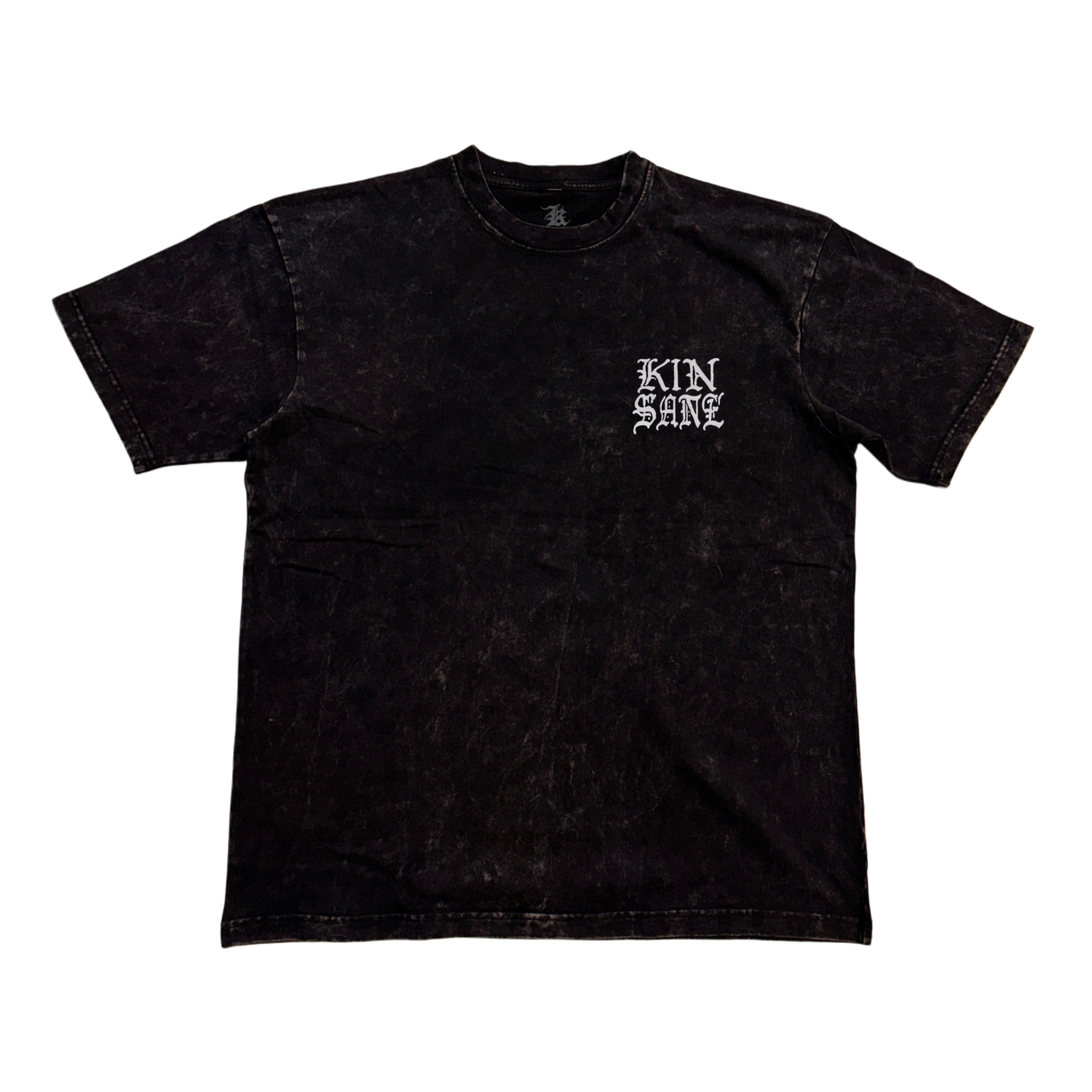 Black acid washed t shirt with white lettering reading “KINSANE” 