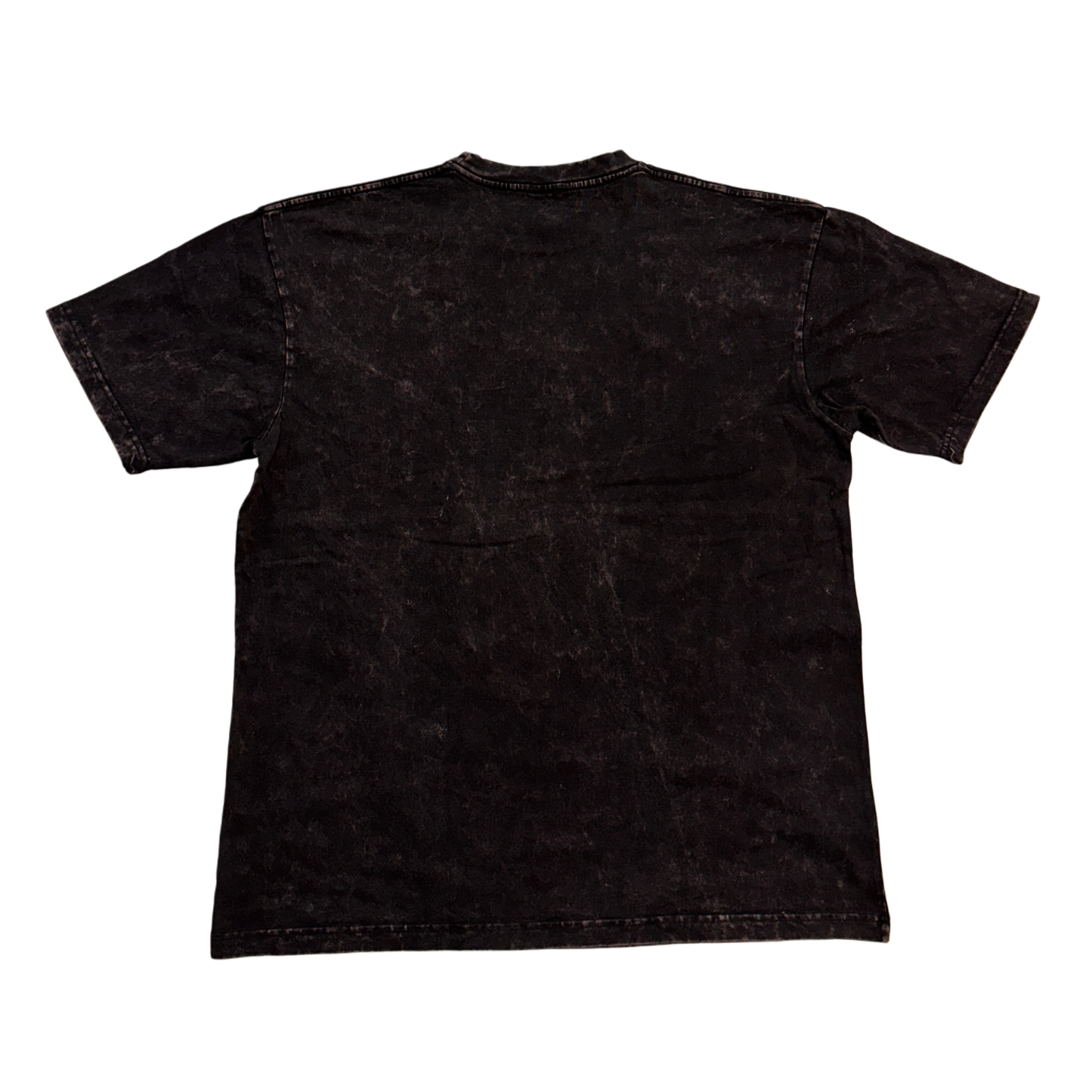 Back side of a plain black acid washed t shirt 