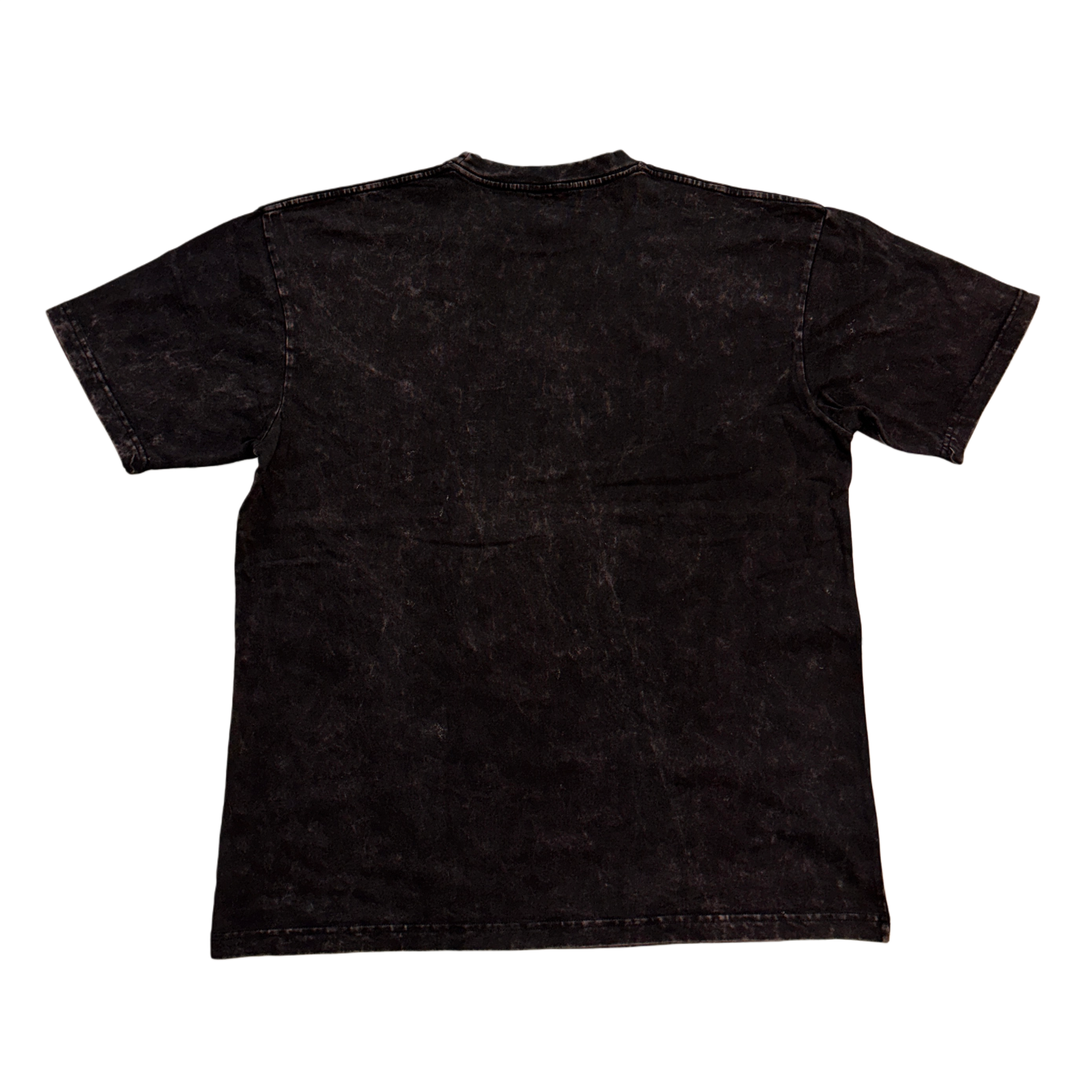 Back side of a plain black acid washed t shirt 