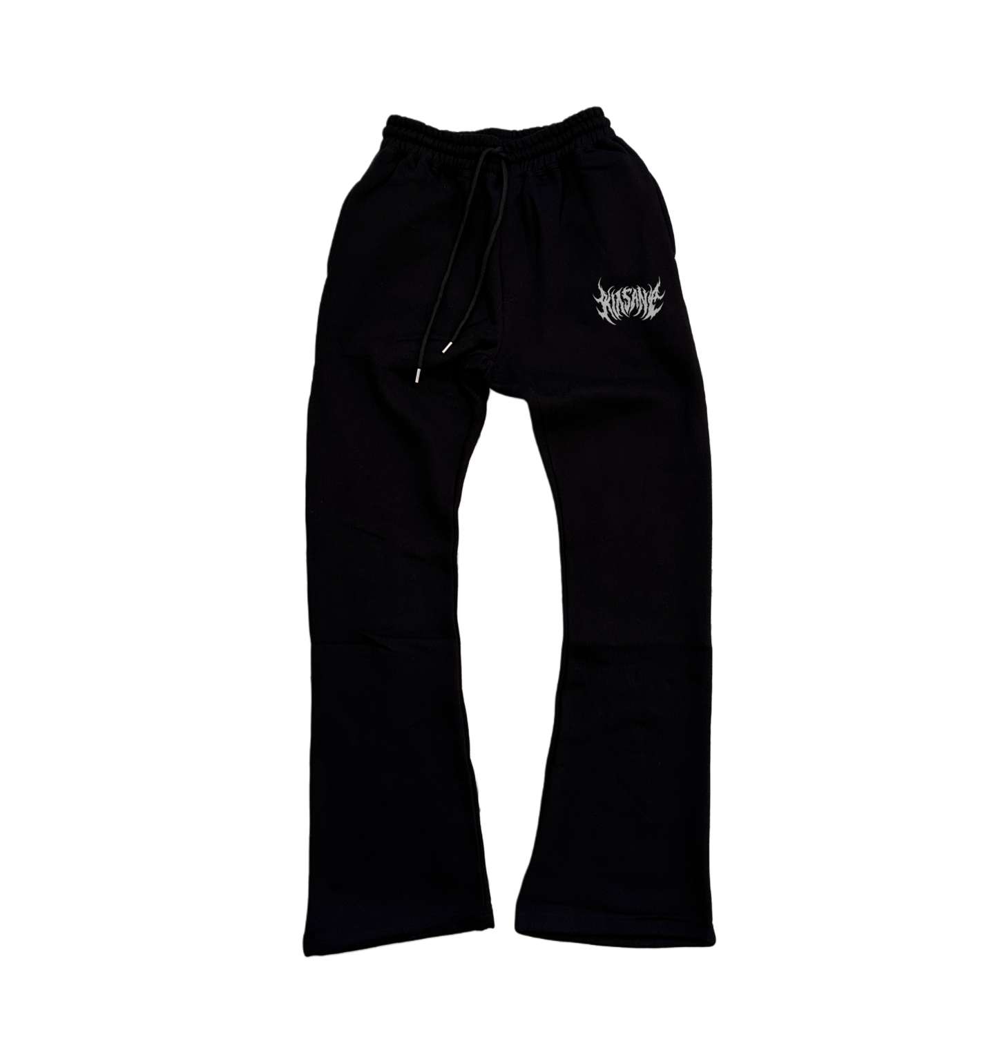 Black stacked sweatpants with white lettering reading “KINSANE” on the left leg 