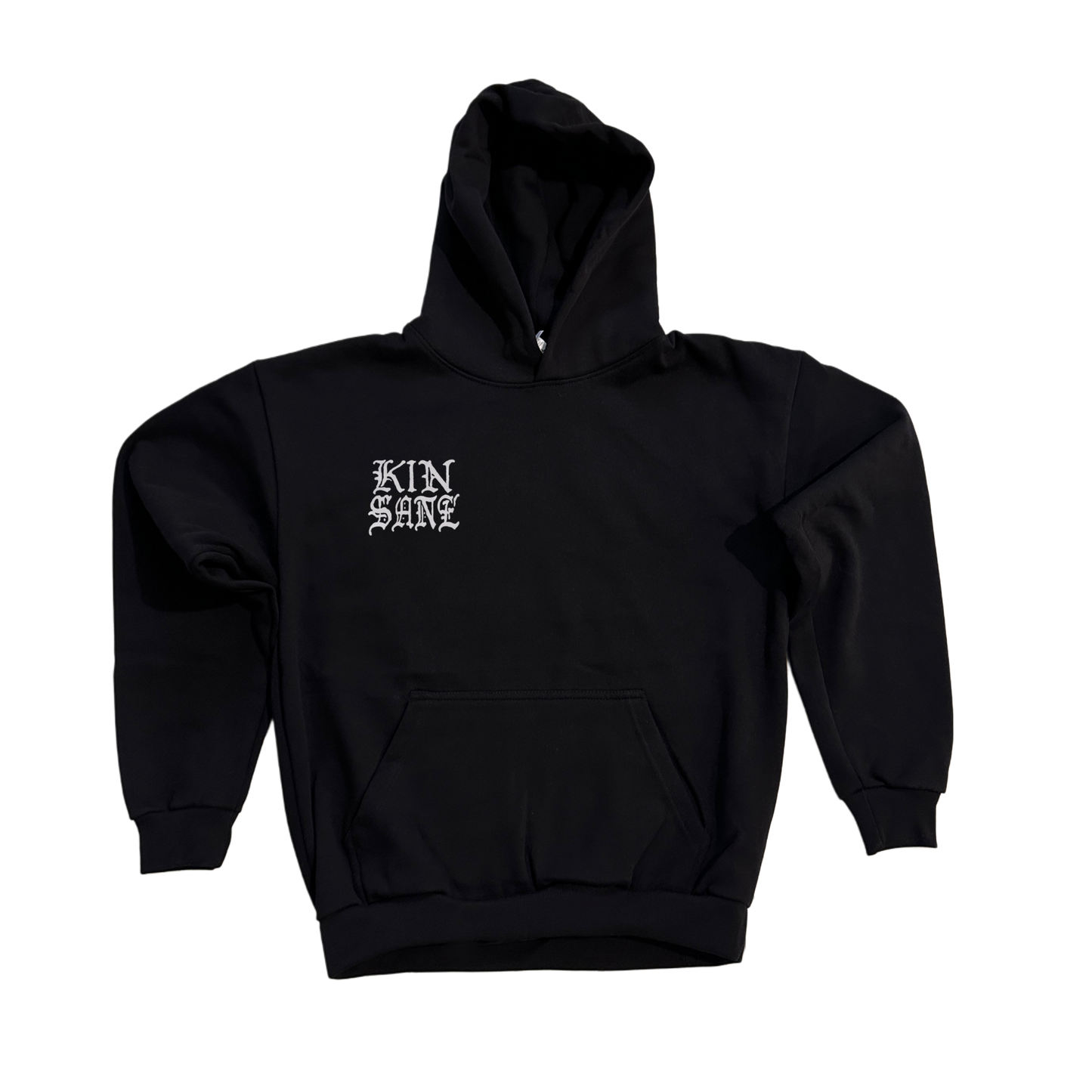 Black hoodie with silver text reading “KINSANE” 