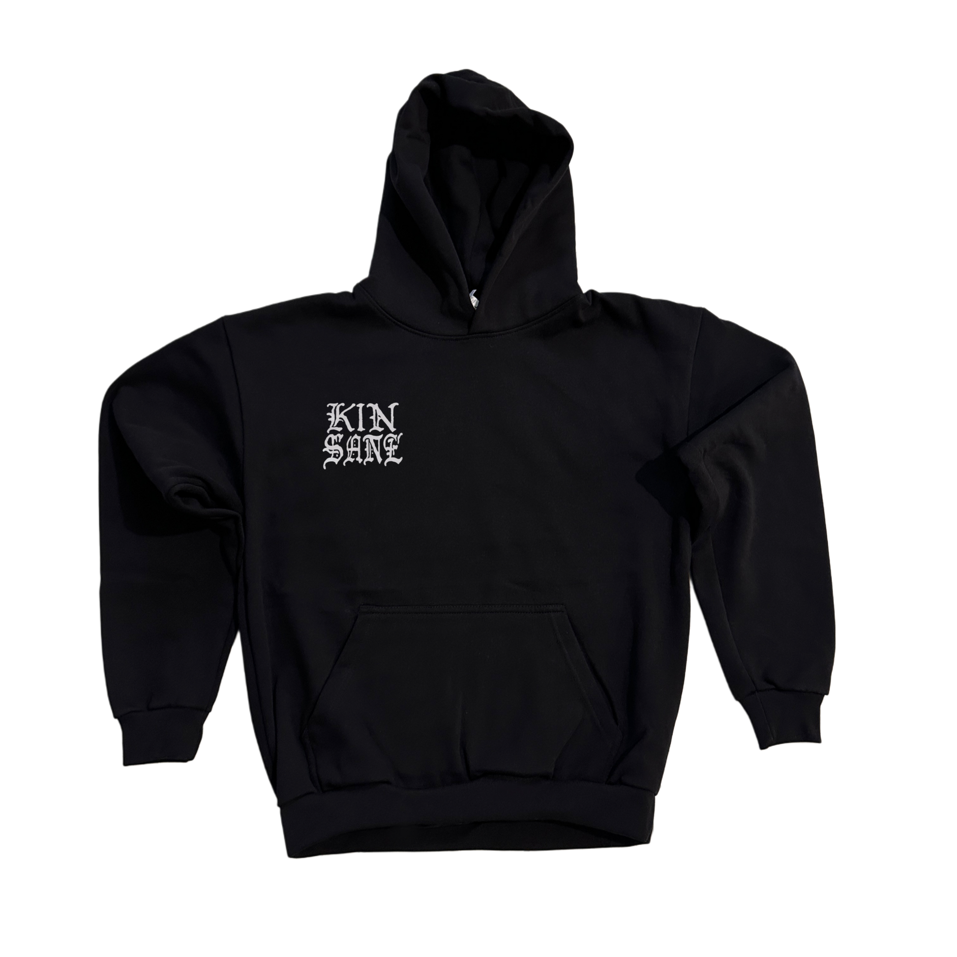 Black hoodie with silver text reading “KINSANE” 