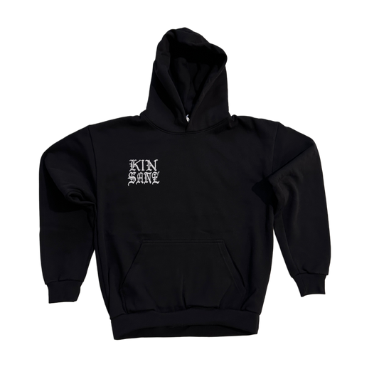 Black hoodie with silver text reading “KINSANE” 