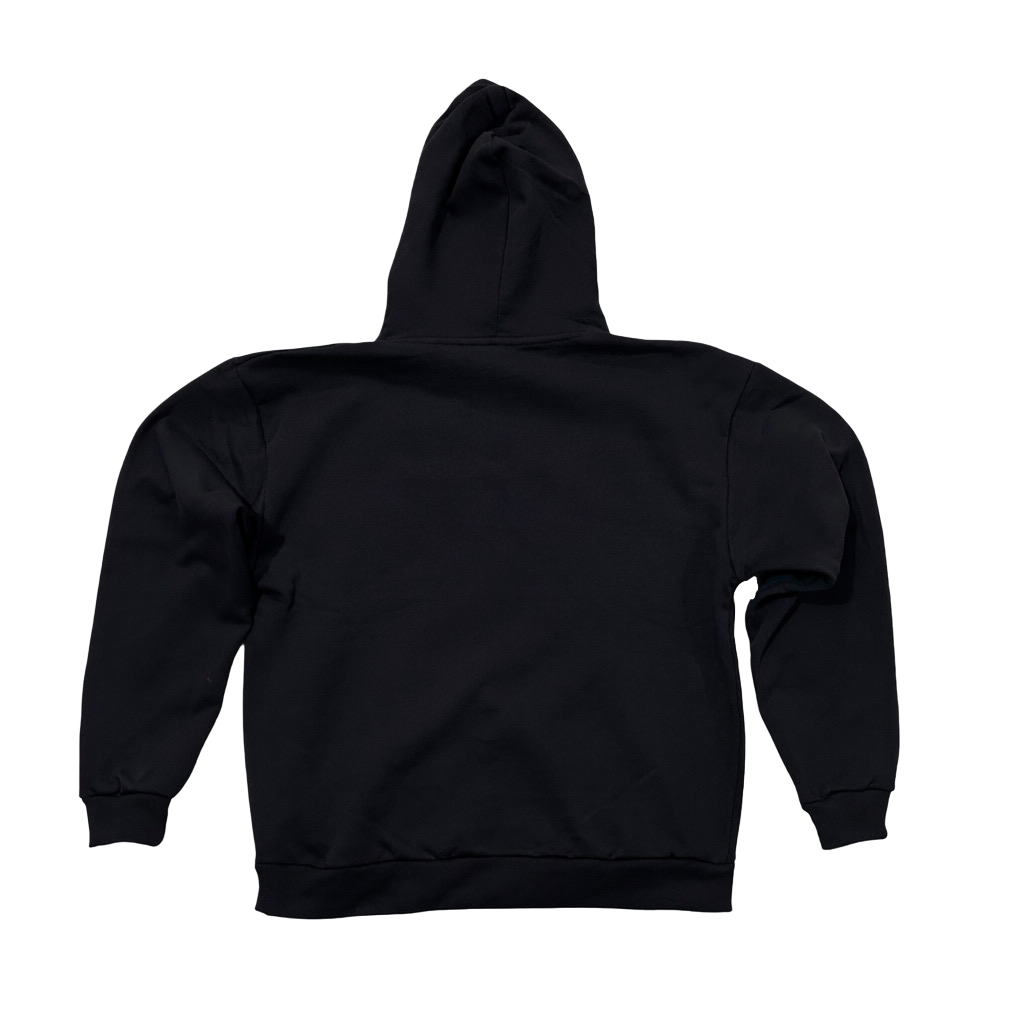 Back view of a plain black hoodie 