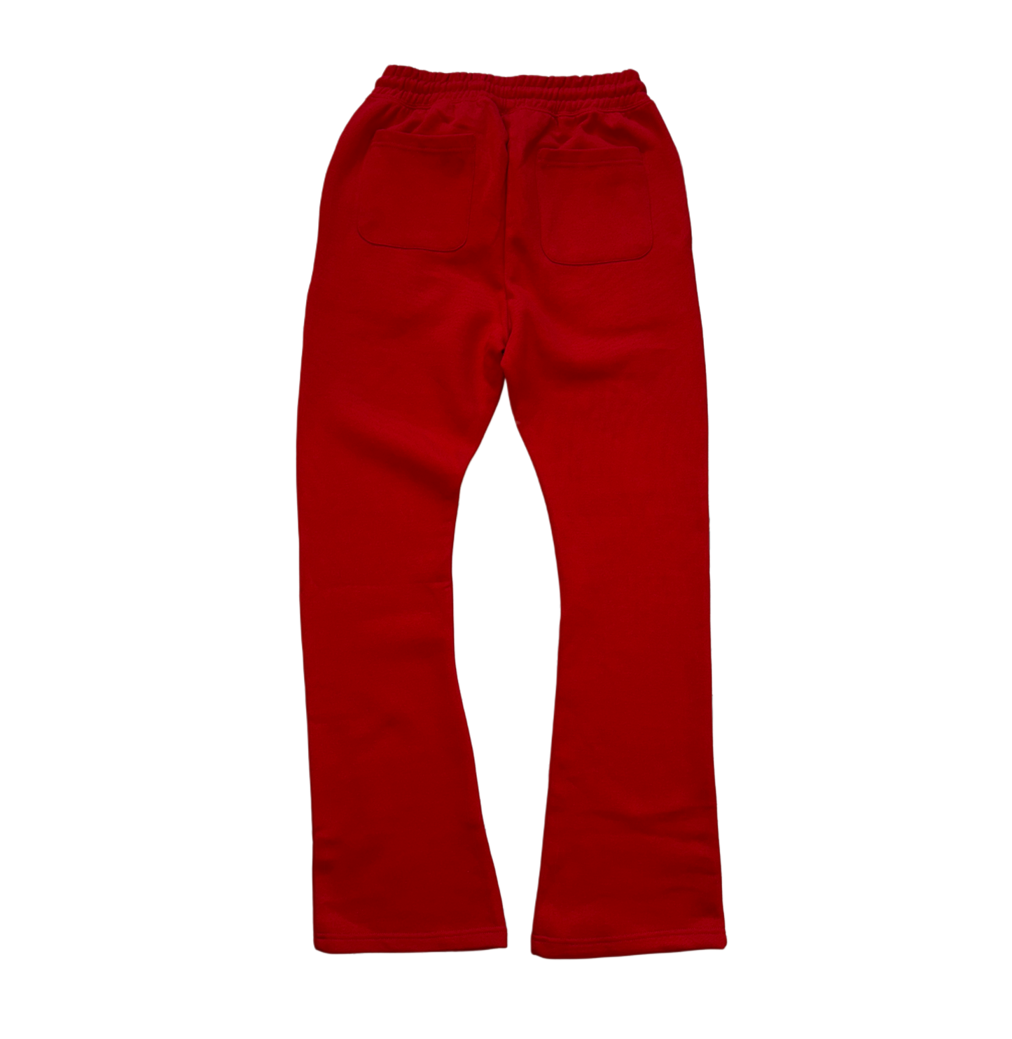 Back side of plain red stacked sweatpants