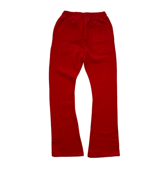 Back side of plain red stacked sweatpants